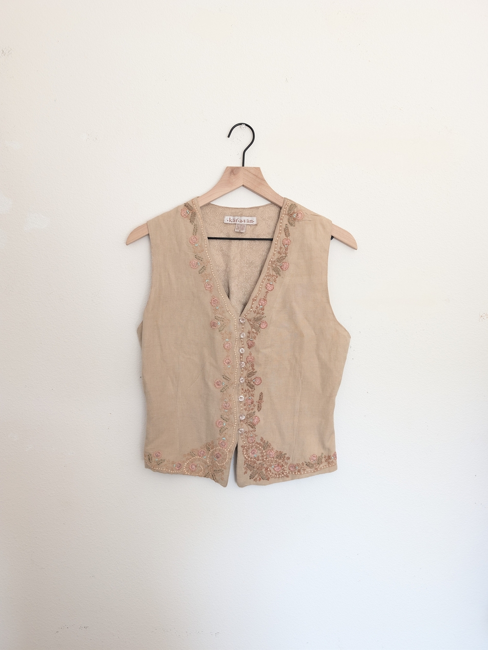 Karavan Beige Embroidered Button-Front Vest